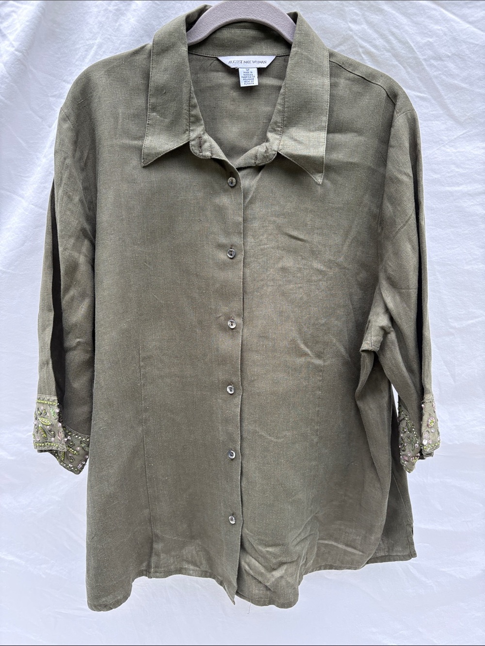 August Max Olive Green Button-Down Shirt with Embellished Cuffs